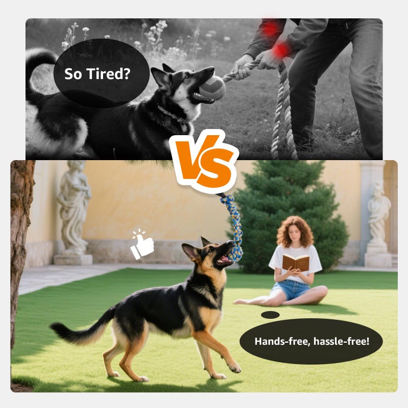 LOOBANI Outdoor Bungee Tug Toy, Dog Toy Hanging from Tree for Small to Large Dogs, Interactive Exercise Play Cord & Tether with Chew Rope Toy (Tree Stump Tug of War-Green) - Image 5